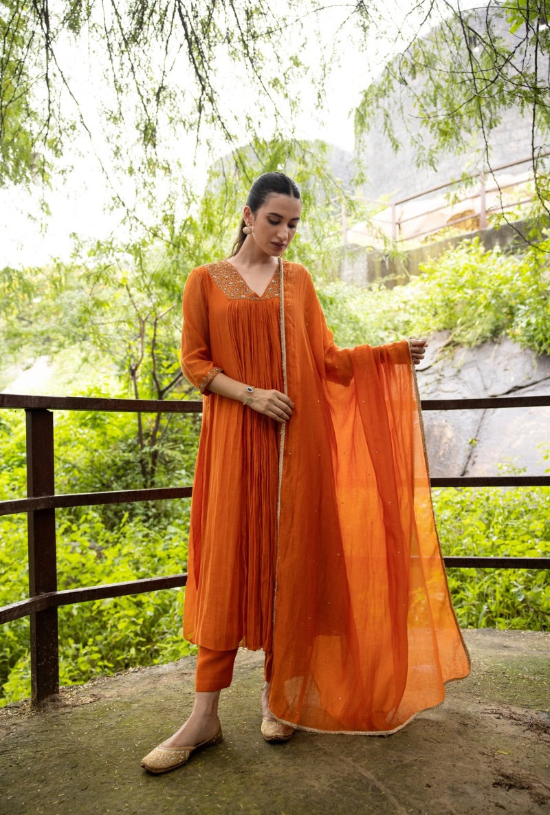 Orange Front Pleat Kurta Set