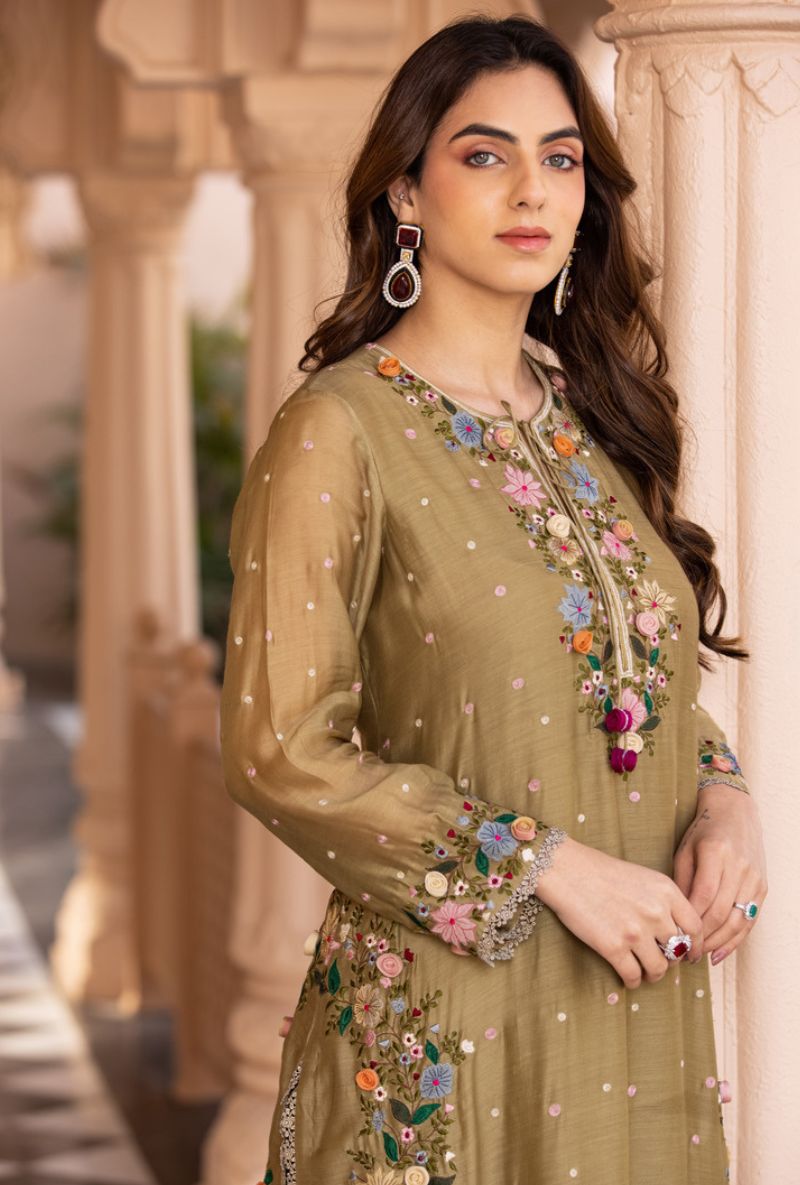 Olive Green Orchid Heavy Long Sahiba Kurta Set