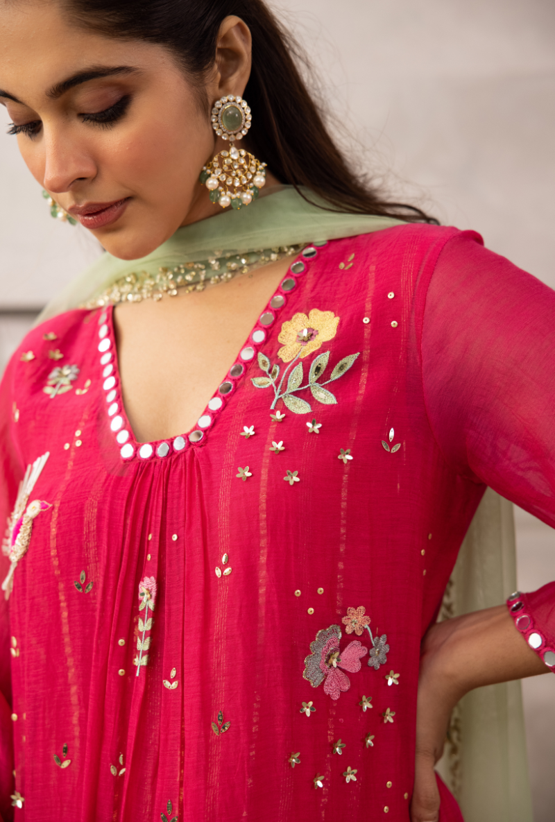 Pink Glass Neckline A-Line Kurta Set