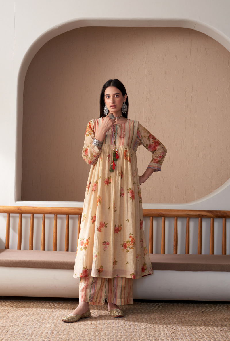 Beige Stripe Yoke Full Chunat Bageecha Kurta Set