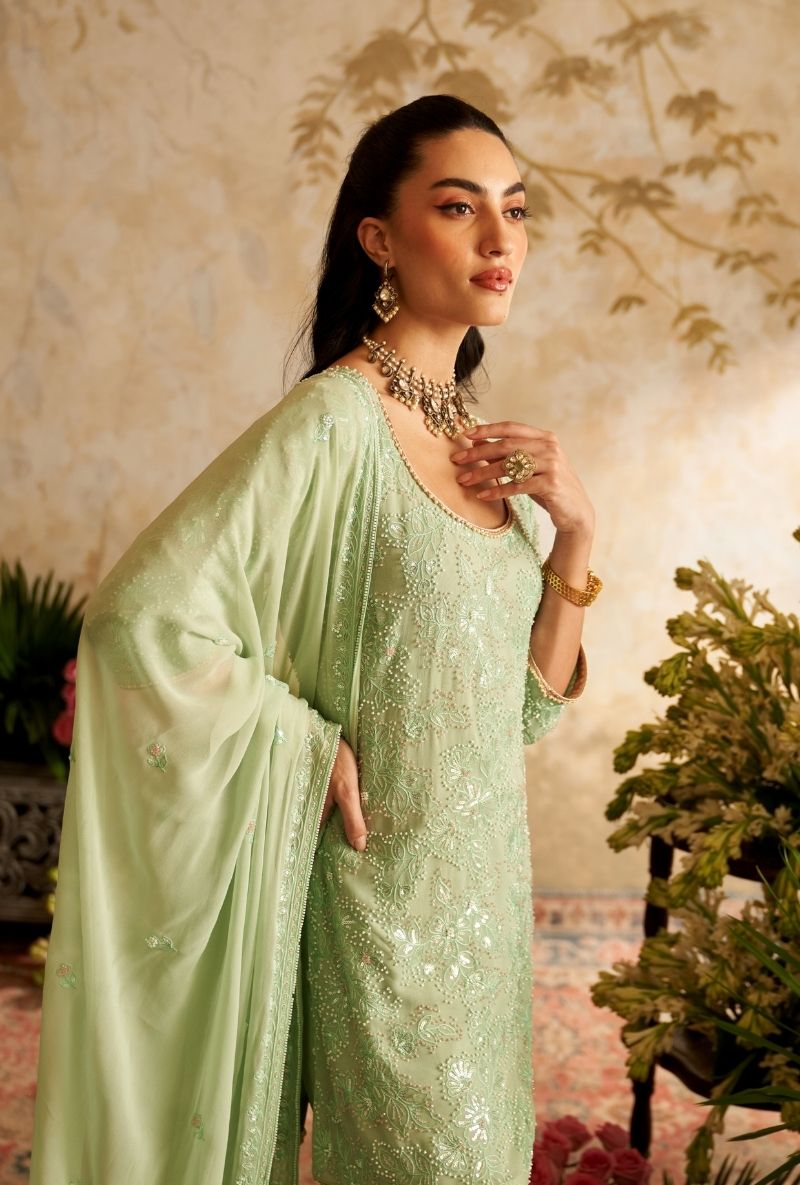 Mint Green Pearl Embroidery Rumi Gharara Set