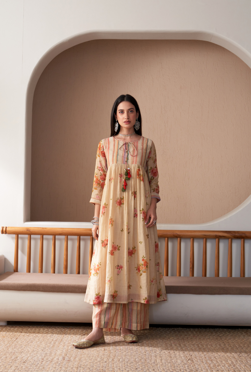 Beige Stripe Yoke Full Chunat Bageecha Kurta Set