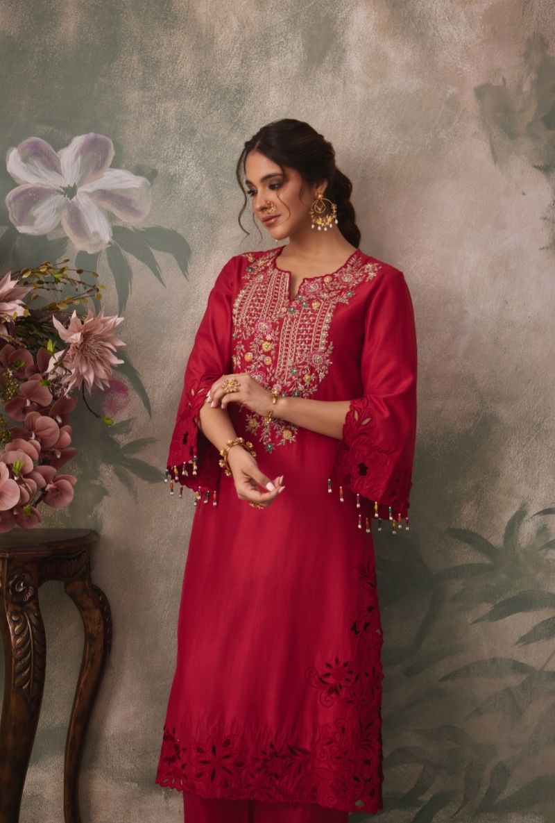 Red Embroidered Yoke Jalsa Kurta Set