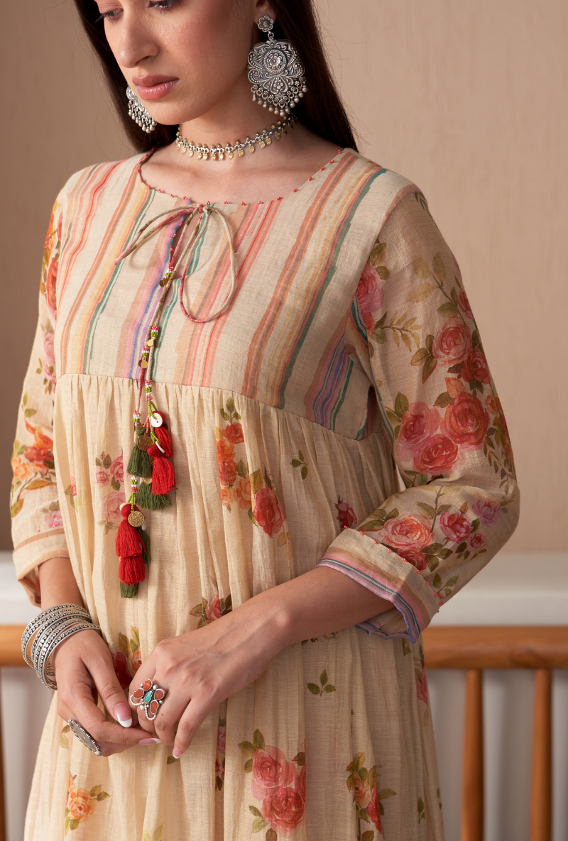 Beige Stripe Yoke Full Chunat Bageecha Kurta Set