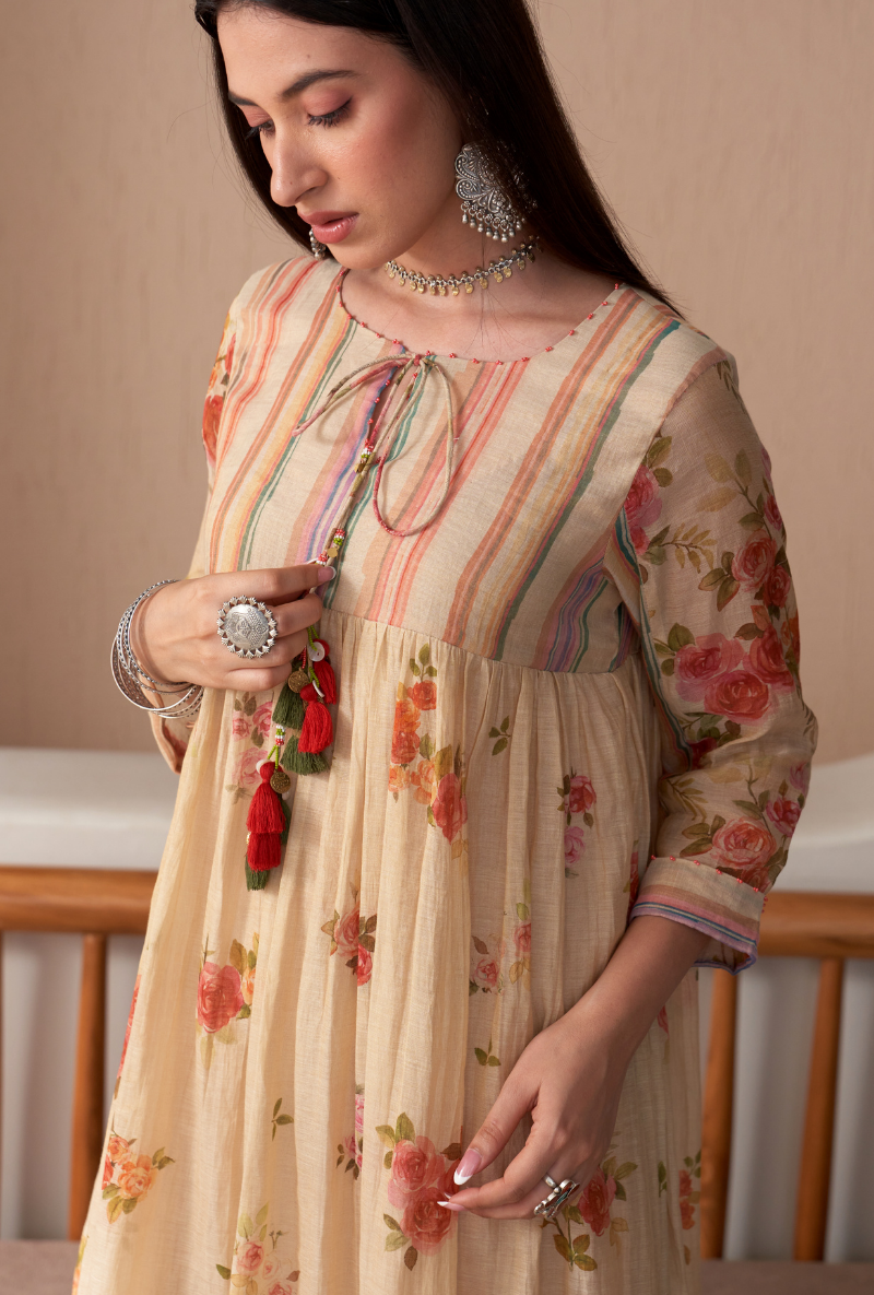 Beige Stripe Yoke Full Chunat Bageecha Kurta Set