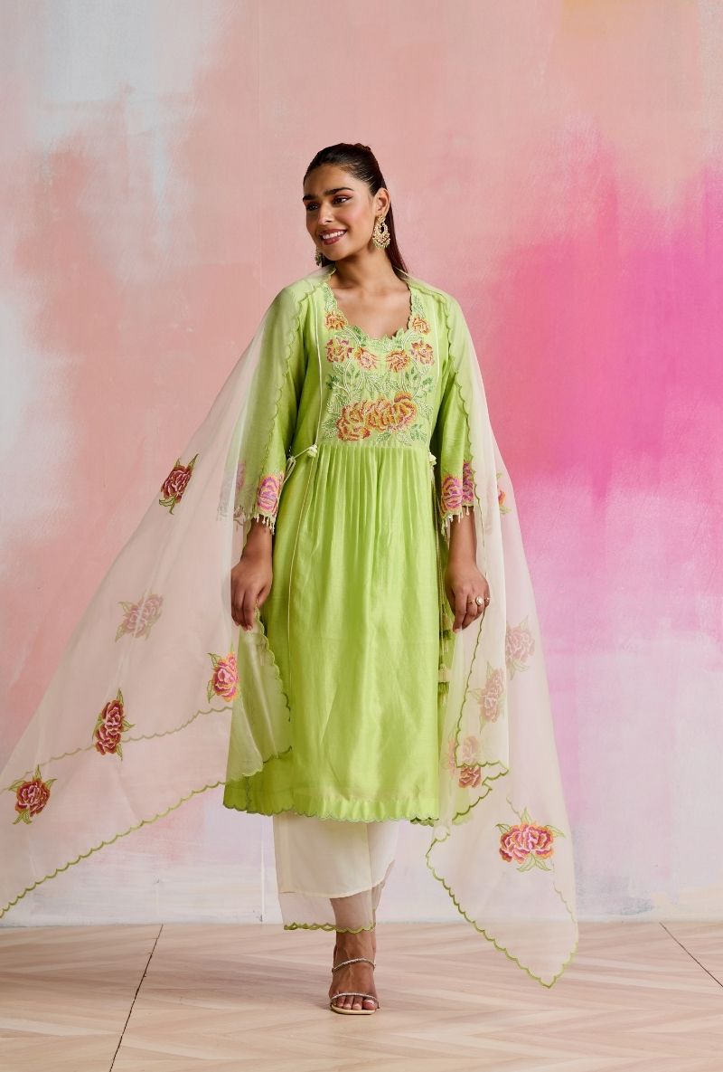 Light Green Embroidered Angrakha Yoke Amara Kurta Set