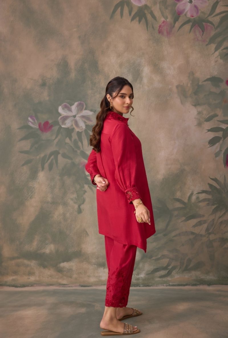 Red Embroidered Collar Jalsa Co-Ord Set