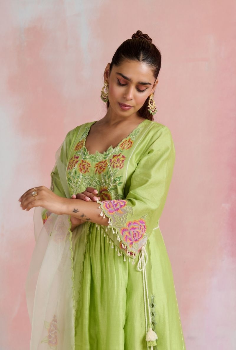 Light Green Embroidered Angrakha Yoke Amara Kurta Set