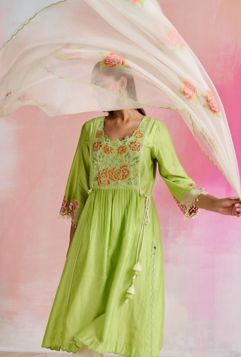 Light Green Embroidered Angrakha Yoke Amara Kurta Set