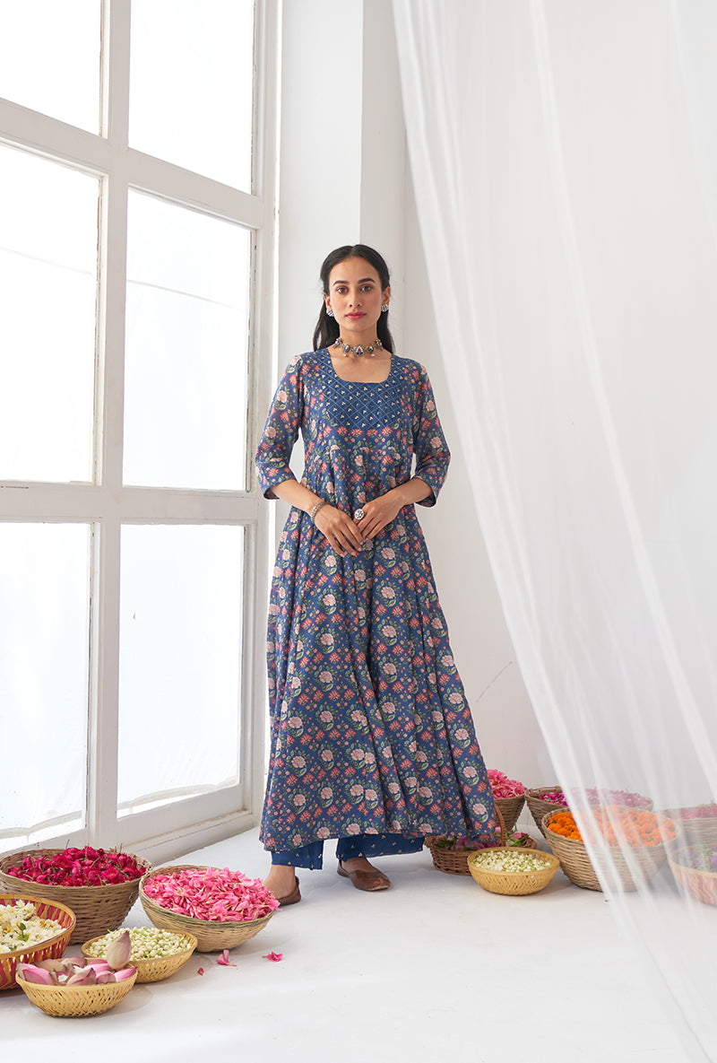 Blue Digitally Printed Iris Anarkali Set