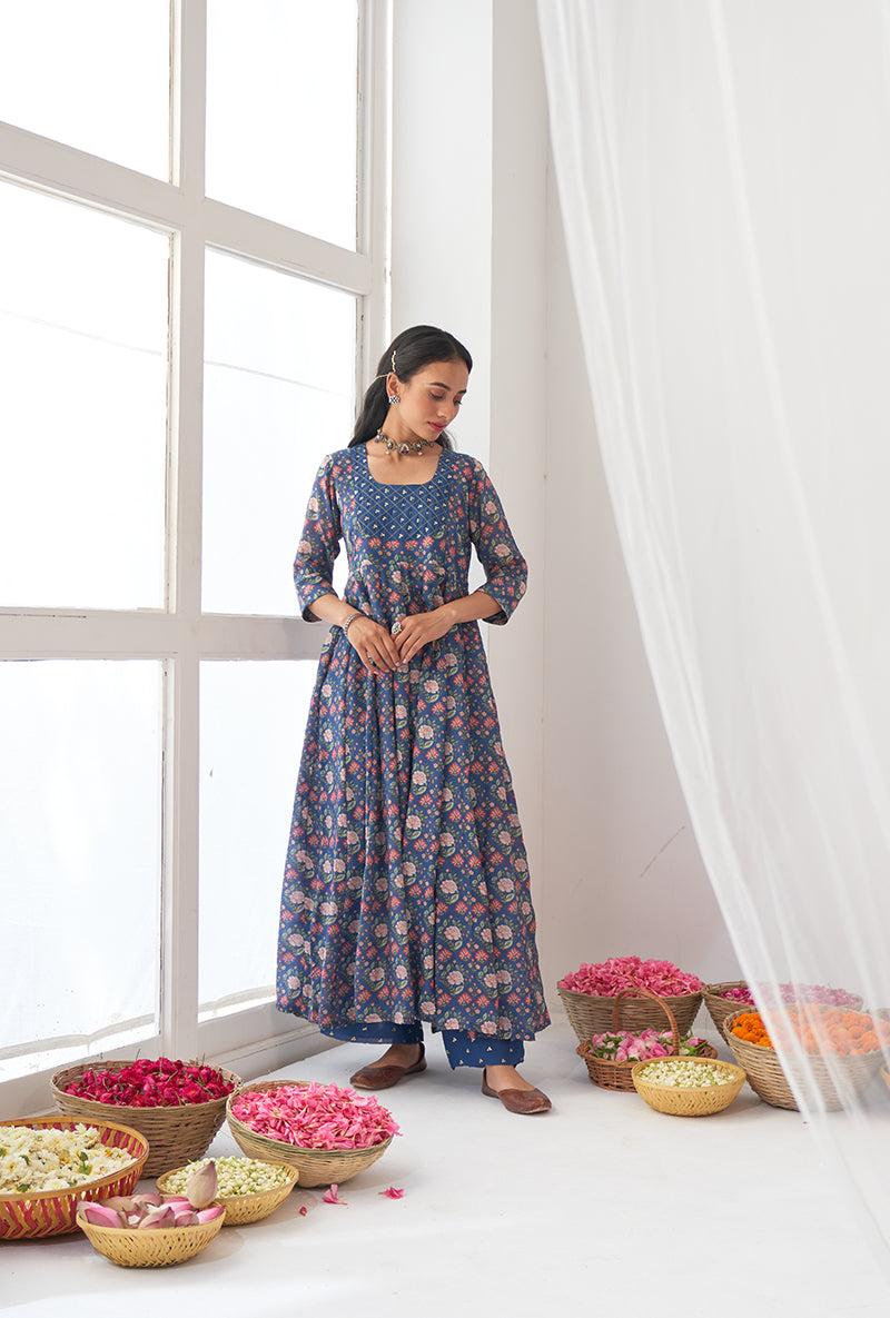 Blue Digitally Printed Iris Anarkali Set