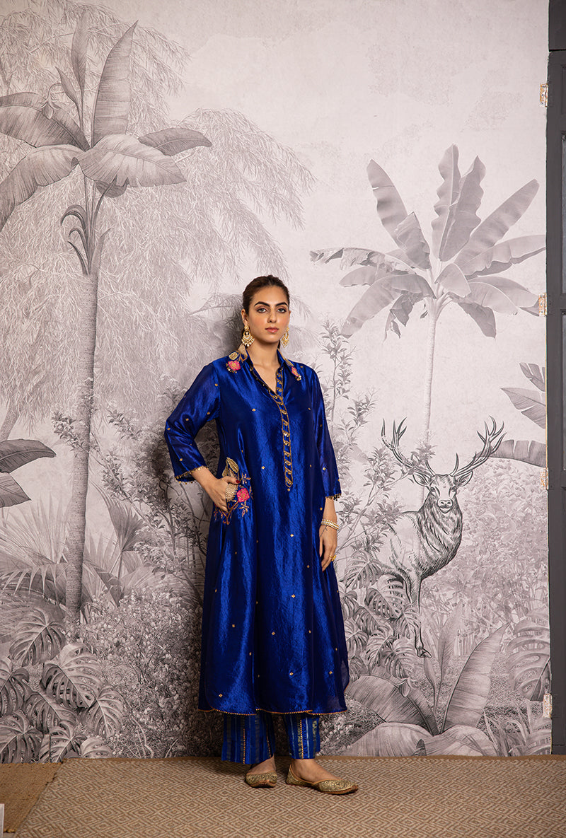 Blue Cheent Embroidery Solid Collar Pocket Shaheen Kurta Set