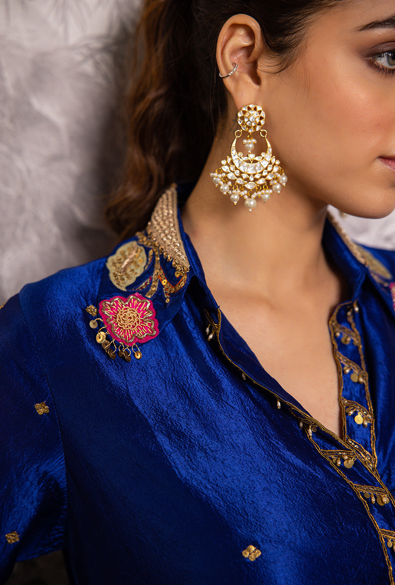 Blue Cheent Embroidery Solid Collar Pocket Shaheen Kurta Set