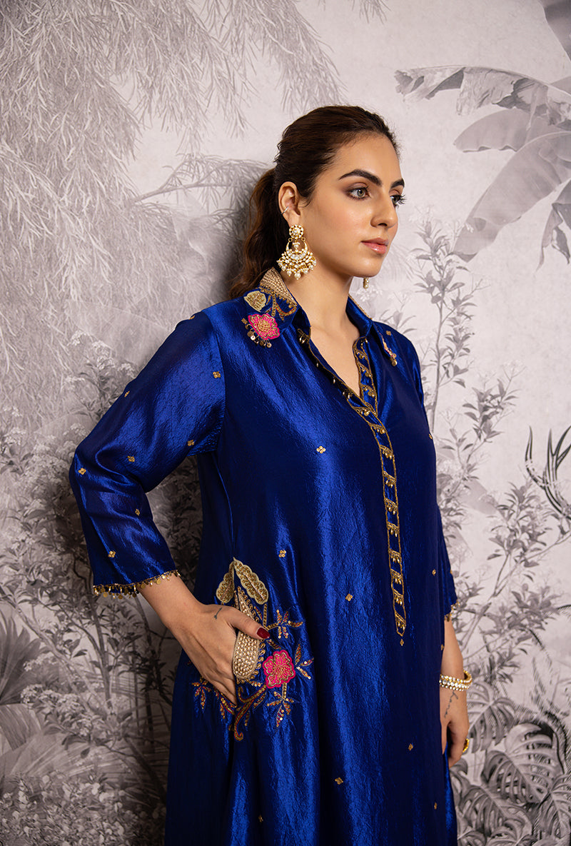 Blue Cheent Embroidery Solid Collar Pocket Shaheen Kurta Set