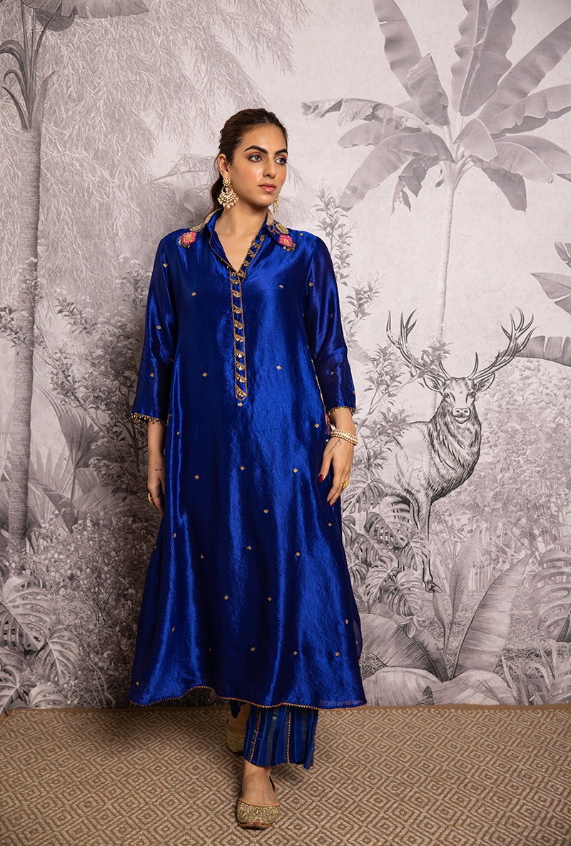 Blue Cheent Embroidery Solid Collar Pocket Shaheen Kurta Set