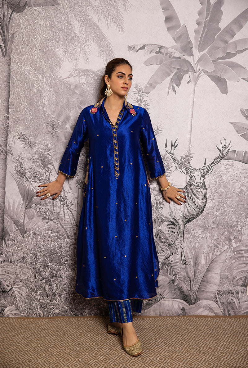 Blue Cheent Embroidery Solid Collar Pocket Shaheen Kurta Set