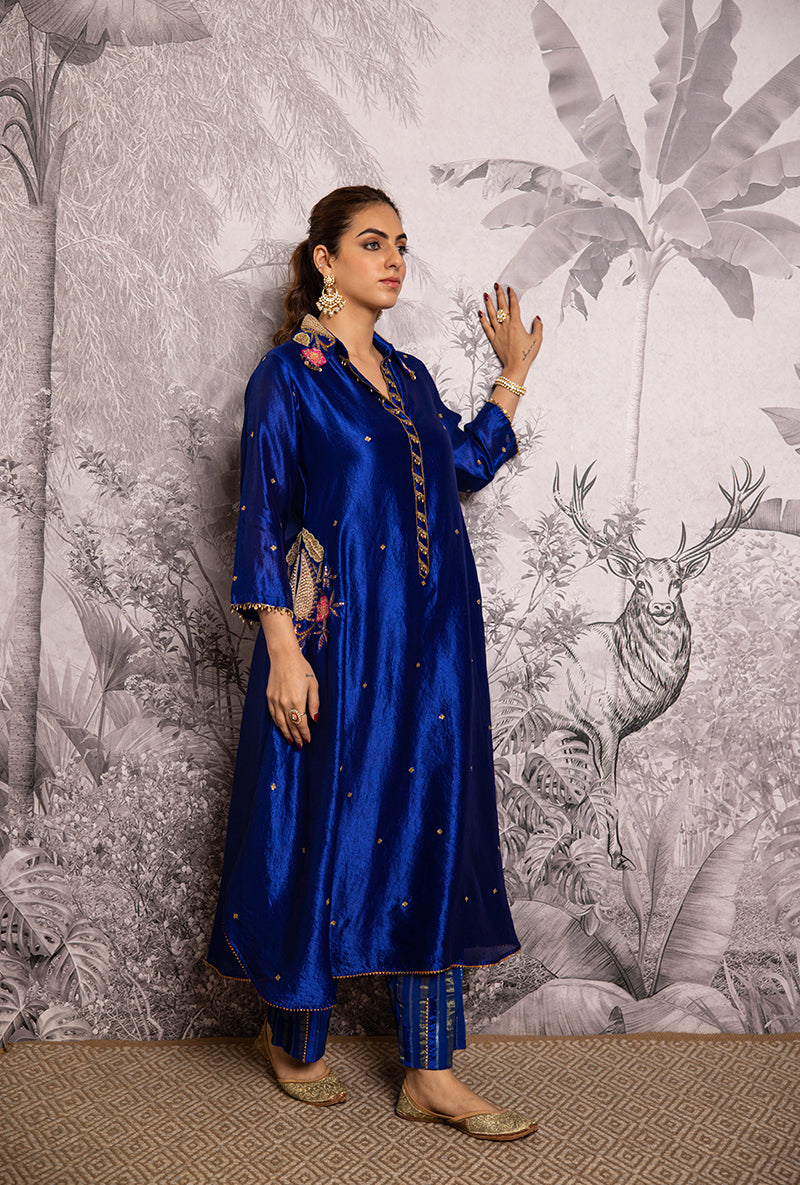 Blue Cheent Embroidery Solid Collar Pocket Shaheen Kurta Set