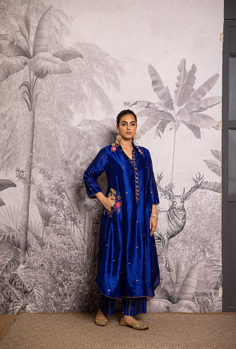 Blue Cheent Embroidery Solid Collar Pocket Shaheen Kurta Set