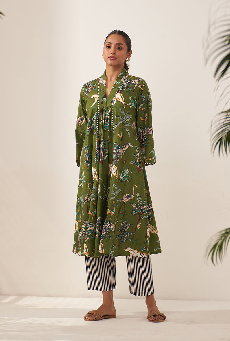 Green Tropical And Stripe Lovebirds Kurta Set