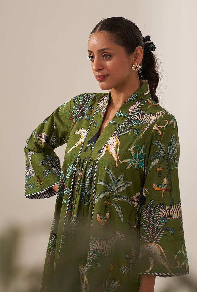 Green Tropical And Stripe Lovebirds Kurta Set