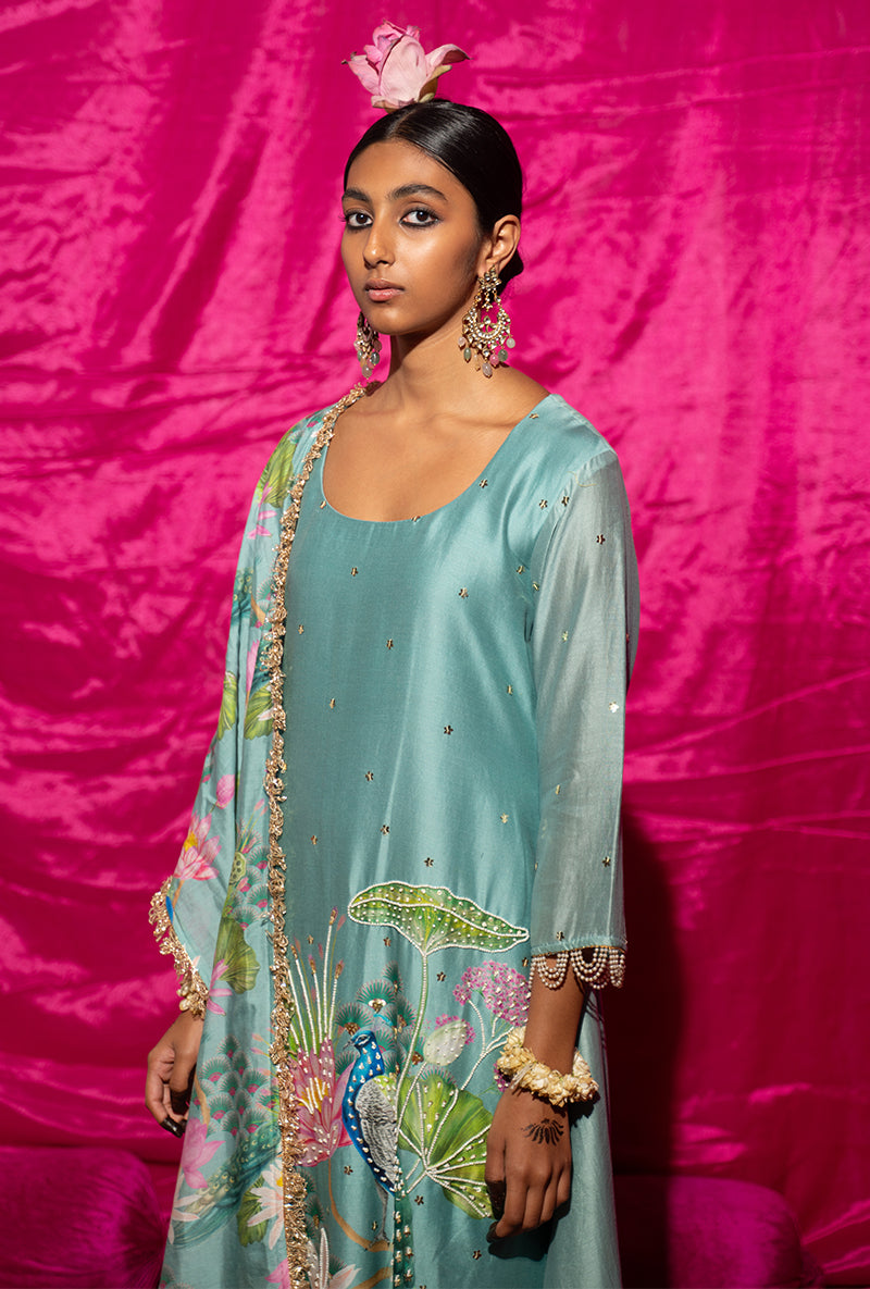 Mint Peacock Motif Kamli Kurta Set