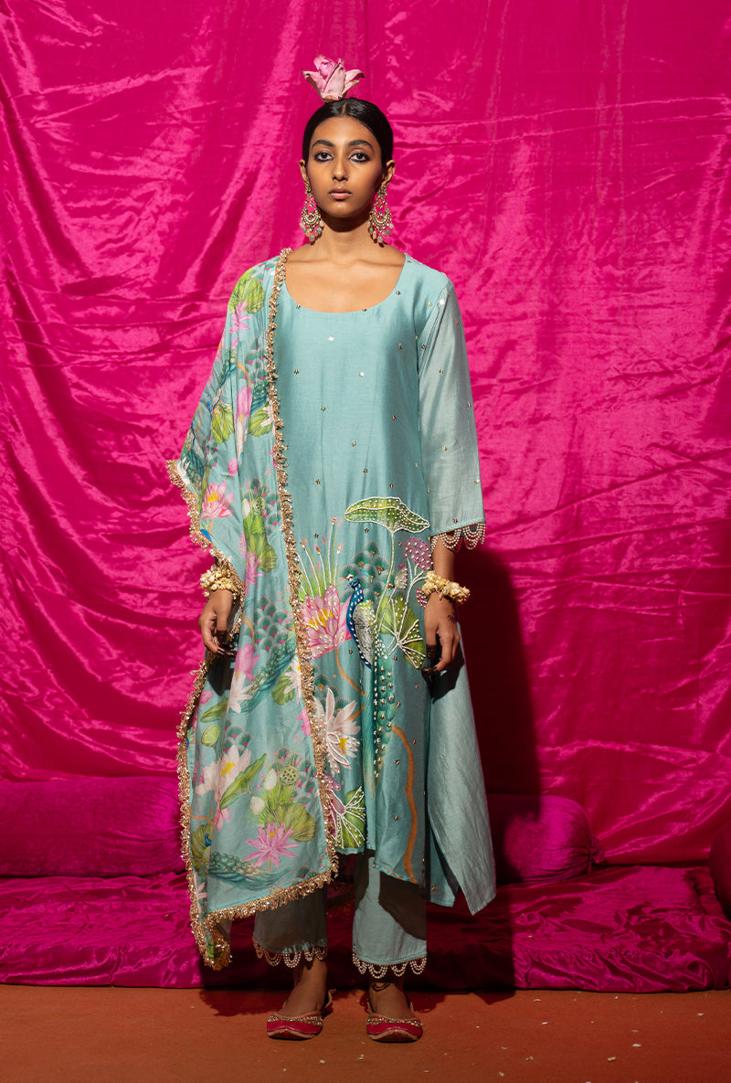 Mint Peacock Motif Kamli Kurta Set