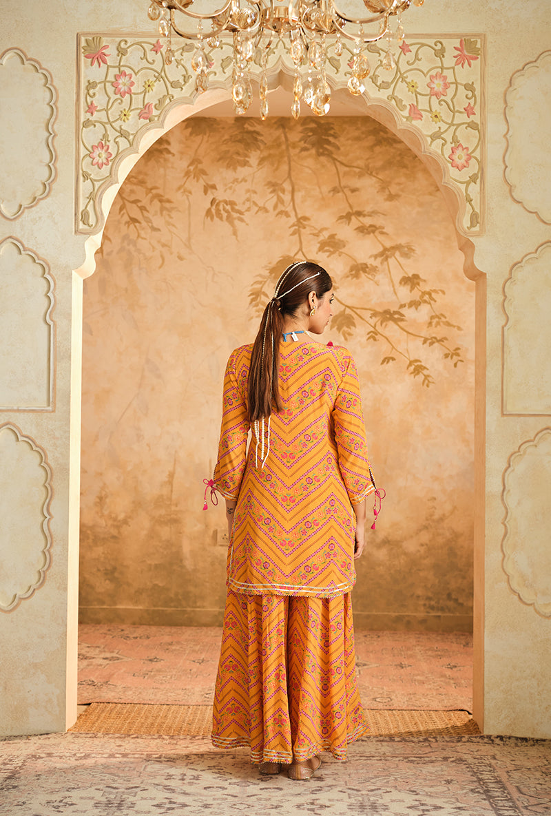 Mustard Chevron Floral Printed Goonj Sharara Set