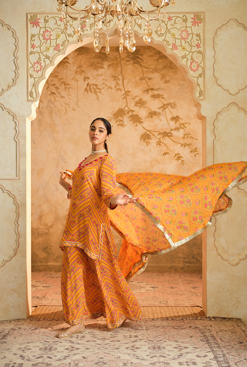 Mustard Chevron Floral Printed Goonj Sharara Set