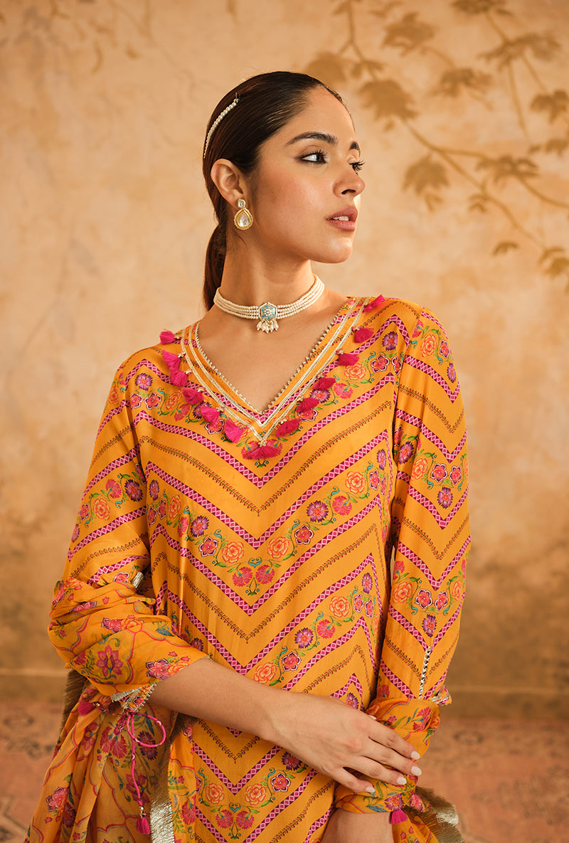 Mustard Chevron Floral Printed Goonj Sharara Set