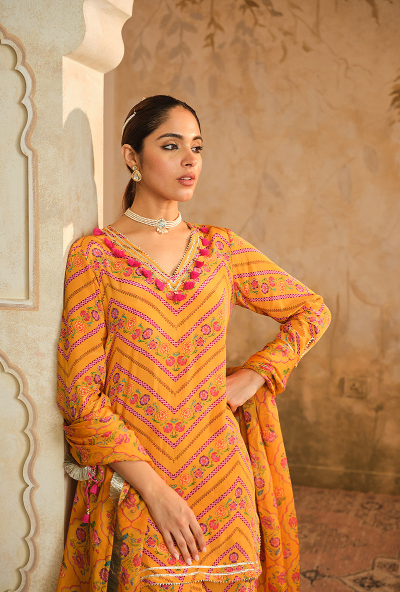 Mustard Chevron Floral Printed Goonj Sharara Set