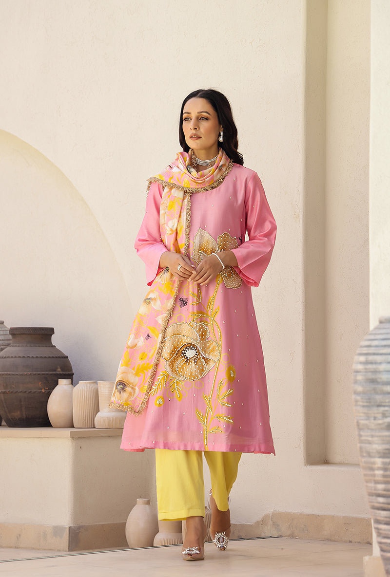 Pink And Yellow Garden Printed A Line Magnolia Kurta Set