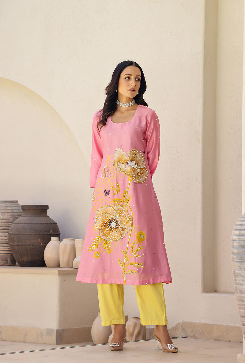 Pink And Yellow Garden Printed A Line Magnolia Kurta Set