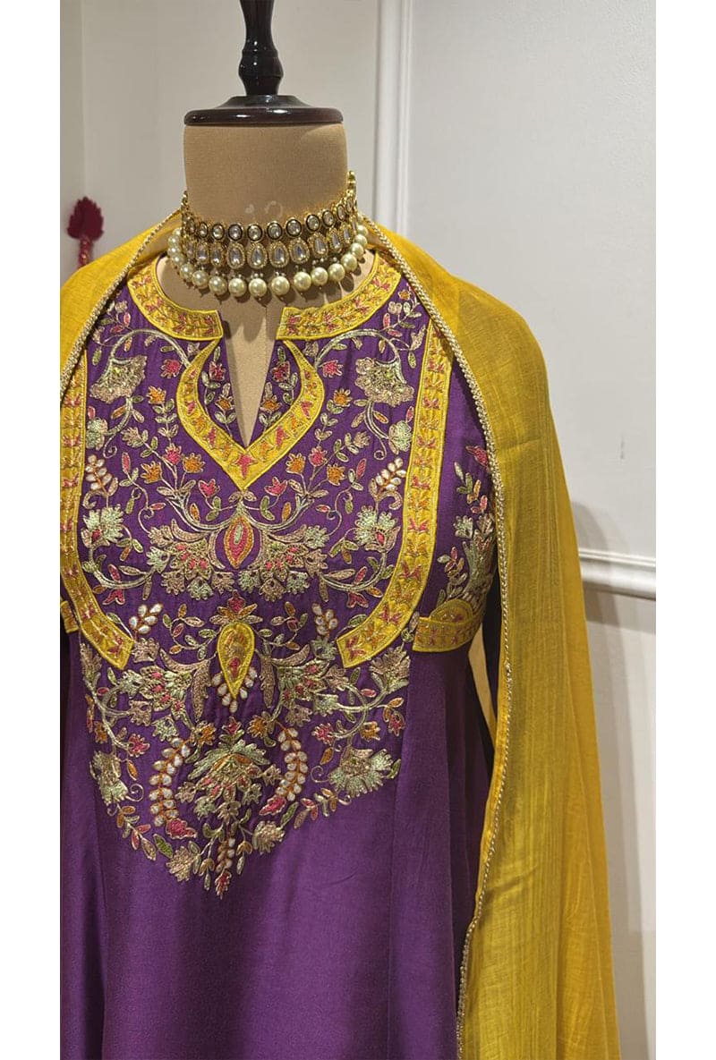 Purple Mughal Yoke Masakali Kurta Set