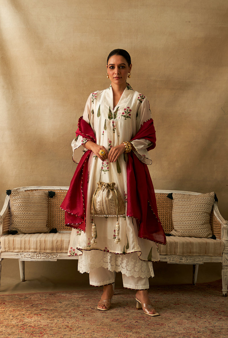 Red And White Mughal Block Print Marigold Kurta Set