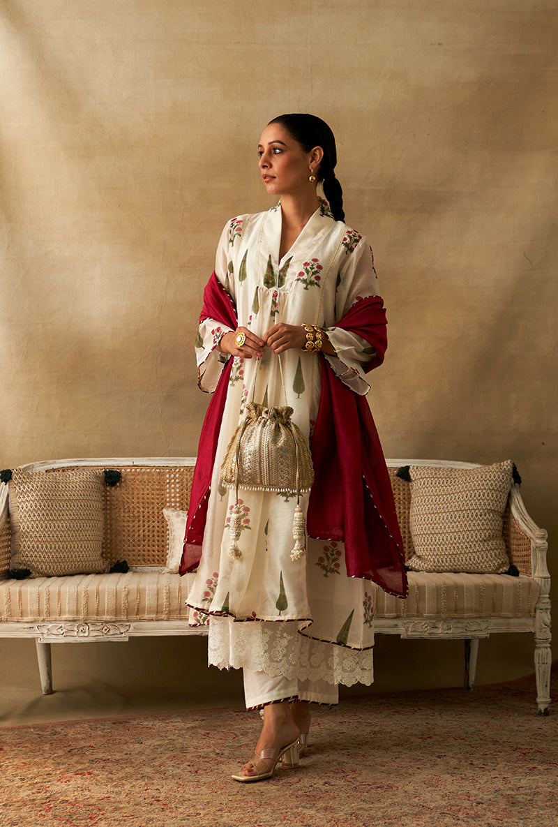 Red And White Mughal Block Print Marigold Kurta Set