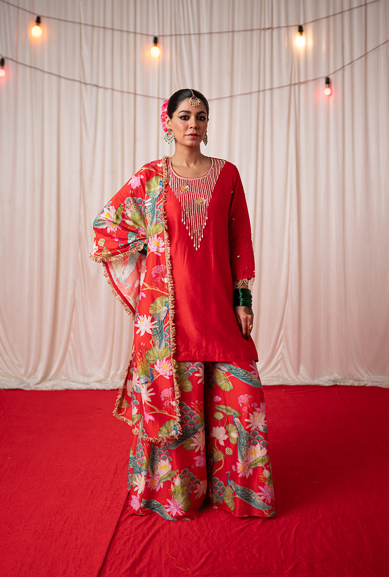Red Embroidered Kamli 2.0 Sharara Set