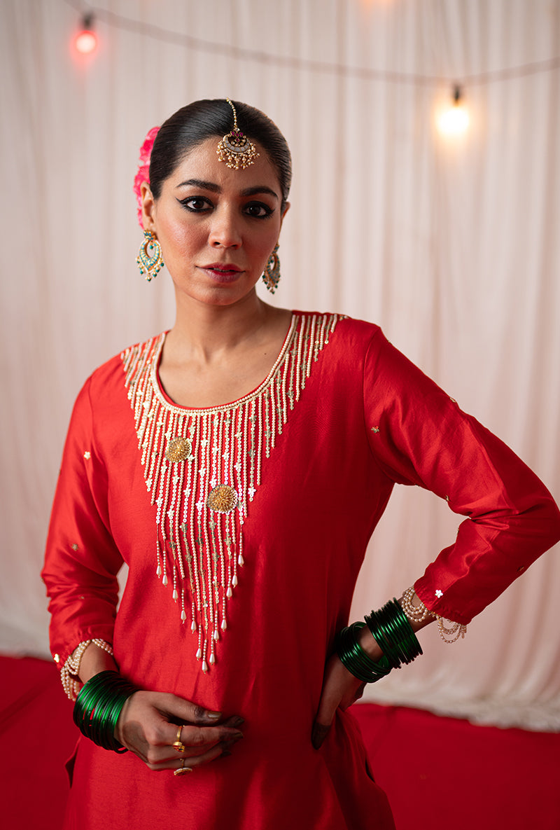 Red Embroidered Kamli 2.0 Sharara Set