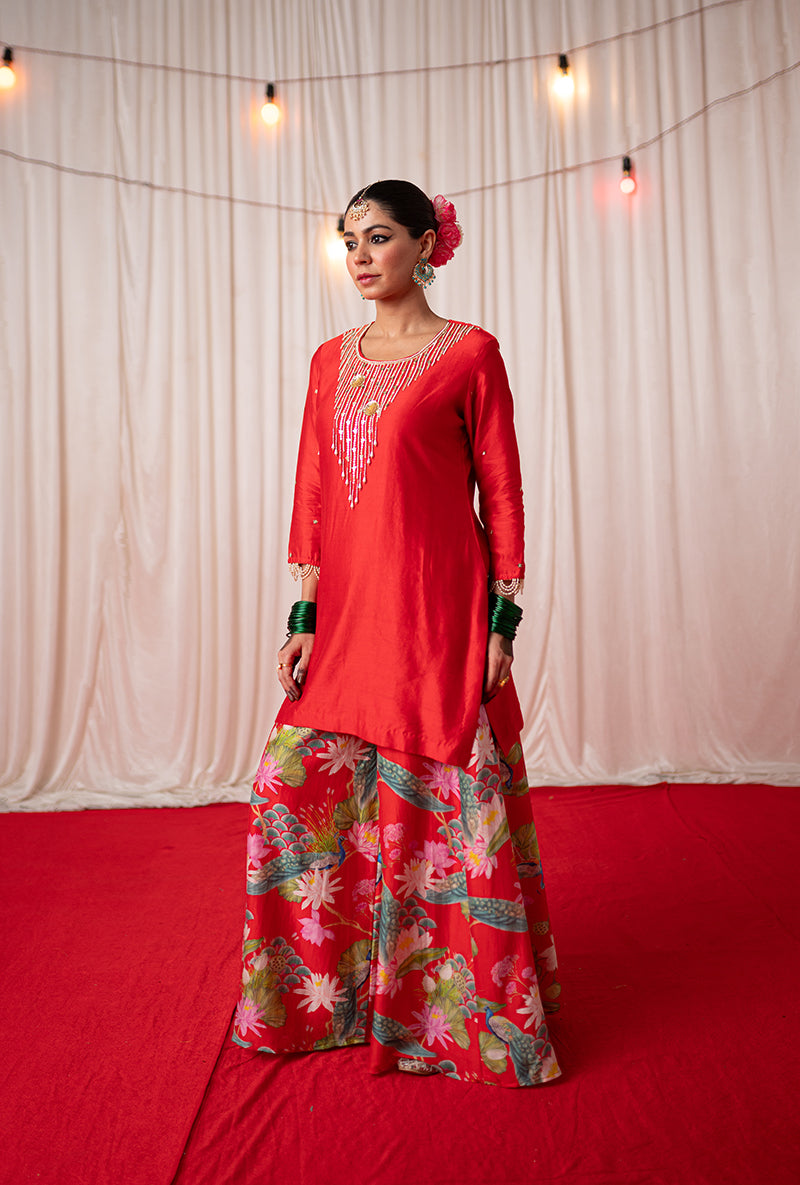 Red Embroidered Kamli 2.0 Sharara Set