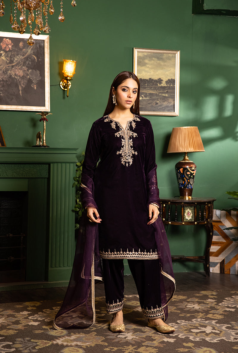 Wine Velvet Gota And Pearl Dastaan Salwar Set