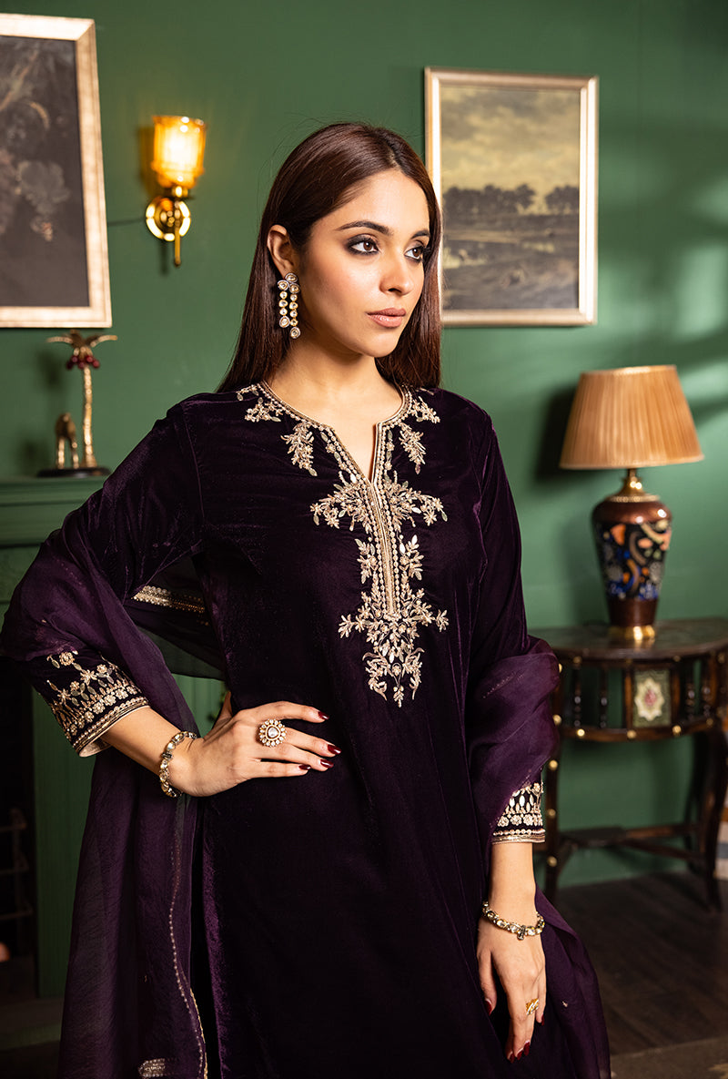 Wine Velvet Gota And Pearl Dastaan Salwar Set