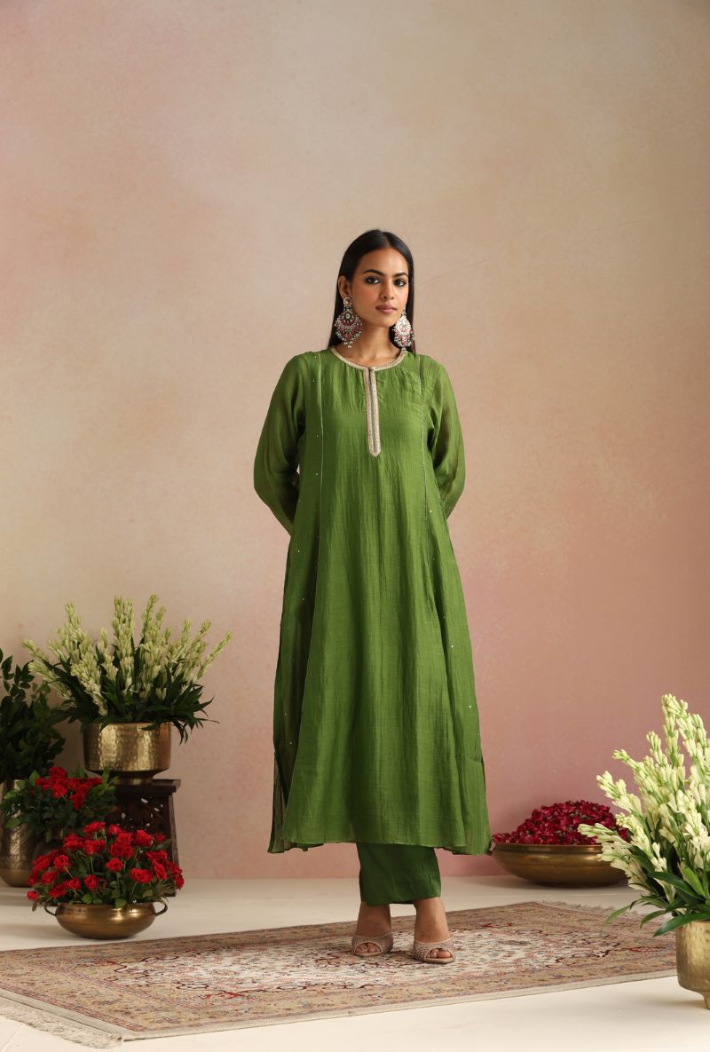 Olive Green Cheeta Work Itrh Kurta Set