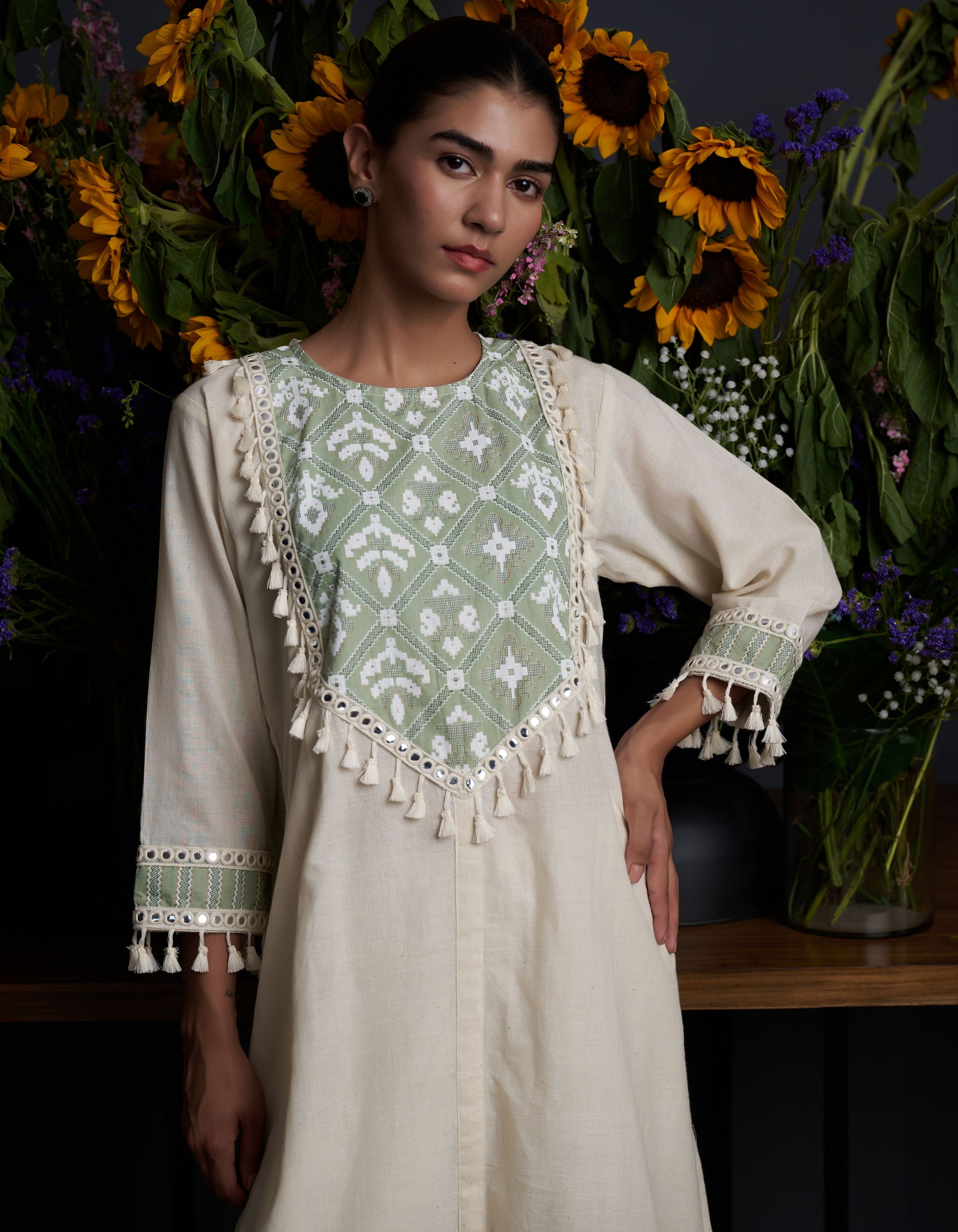 Beige Patterned Yoke Vedika Nadia Kurta Set