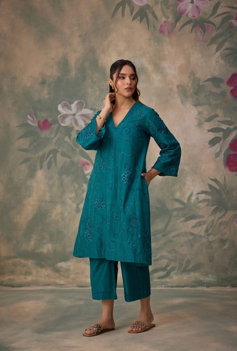 Teal Green All Over Thread Work Jalsa Kurta Set