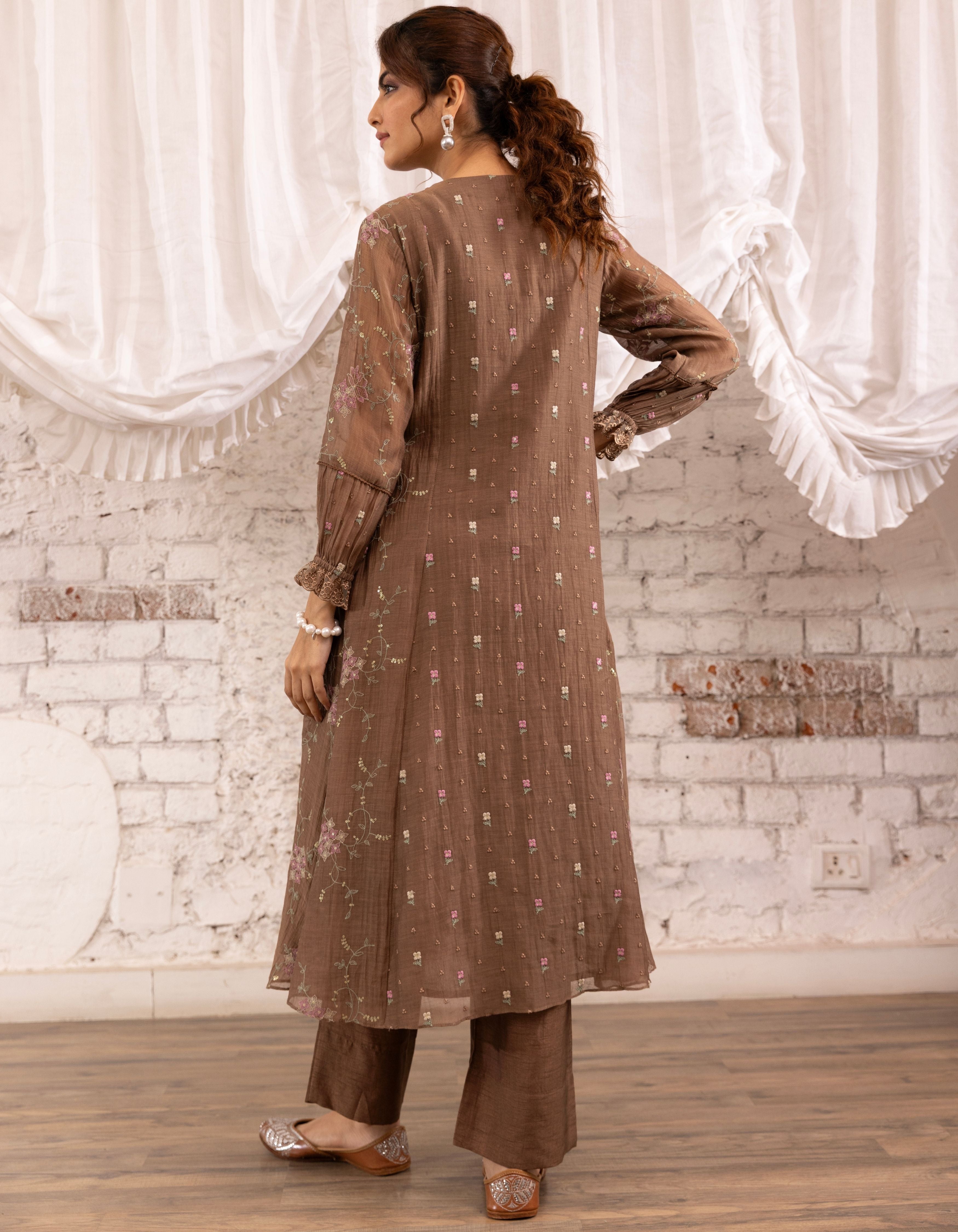 Brown Threadwork Long Yoke Noor Kurta Set