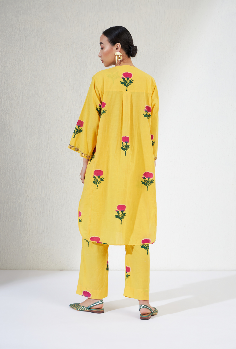 Yellow Hand Block Print Gulnaar Olivia Kurta Set