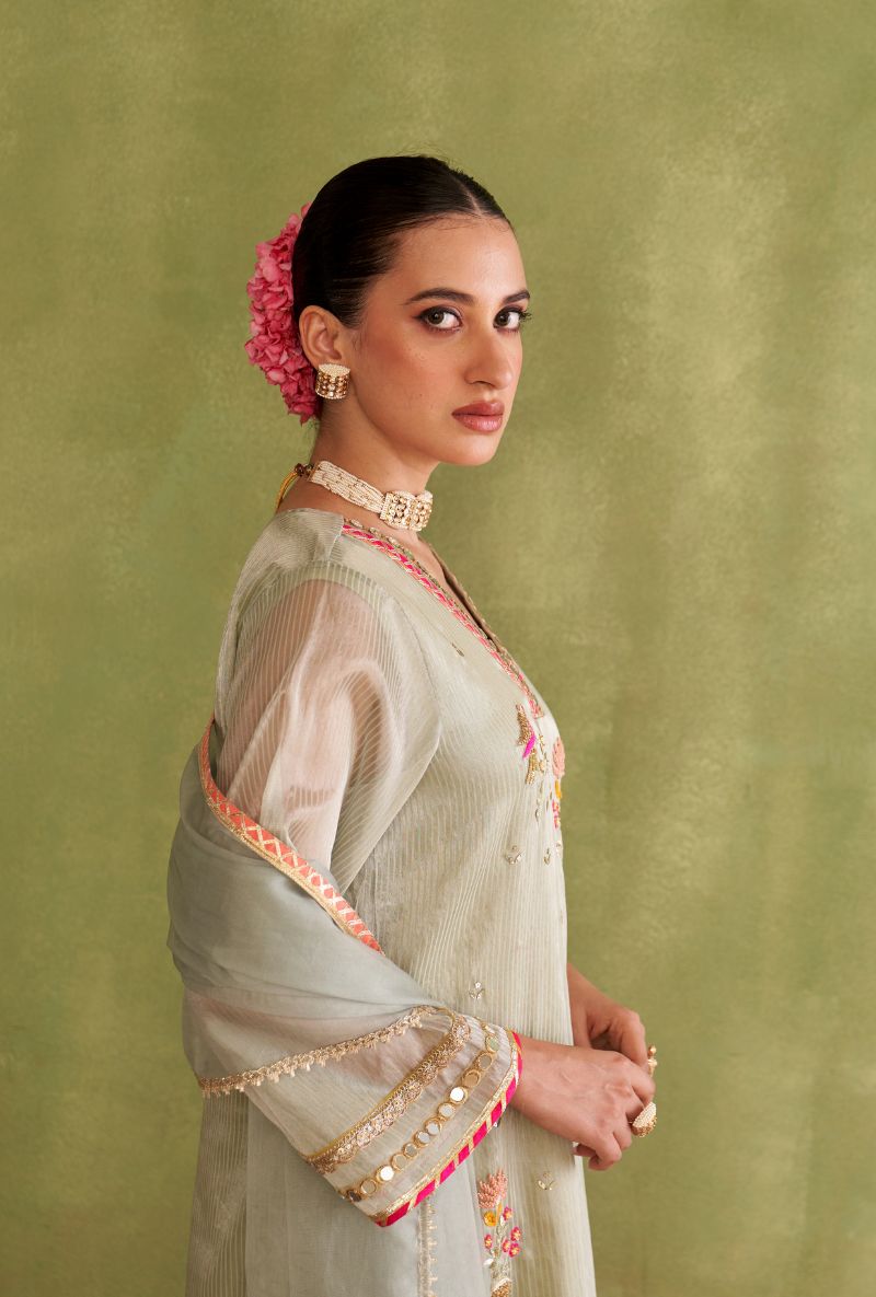 Light Sage Green Tissue Stripes Morbagh Kurta Set