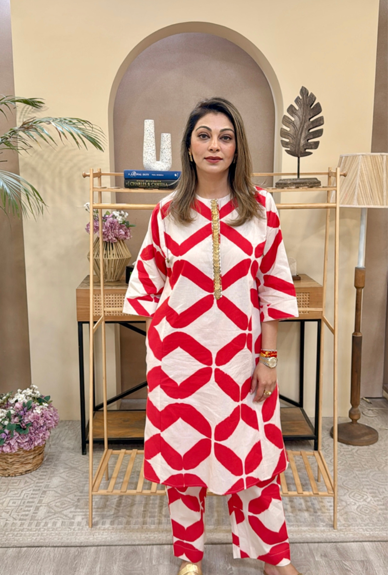 Meghna Nayyar in Red Clamp Dye Embroidered Love Letters Co-Ord Set