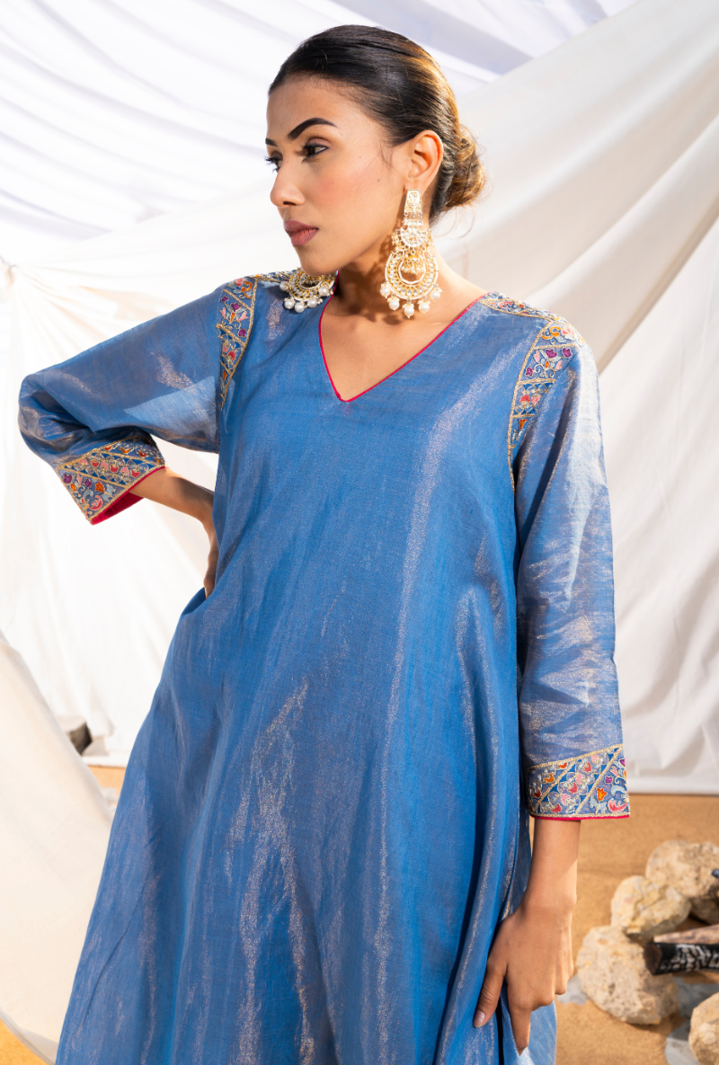 Madhuri Grover in Blue Handloom Cotton Zari Tissue Embroidered Kiara Kurta Set