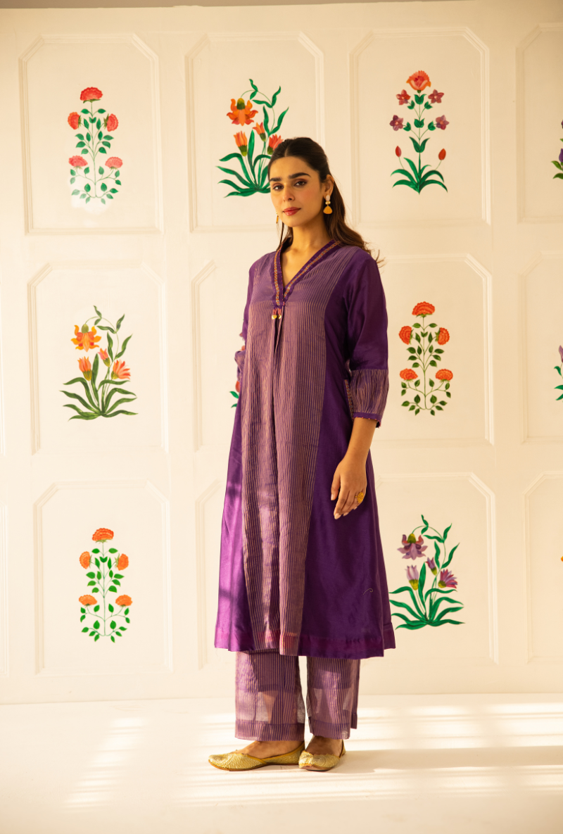 Purple High Collar Kishmish Kurta Set