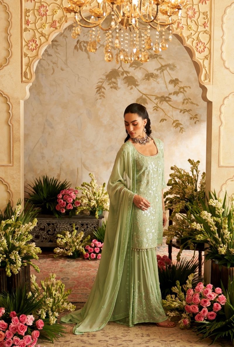 Mint Green Pearl Embroidery Rumi Gharara Set